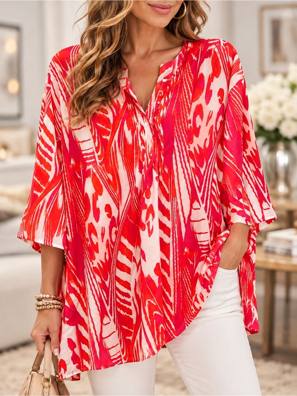 EUC Natori Blouse in Vibrant Pinks Reds White. Maybe Some Orange. Abstract.